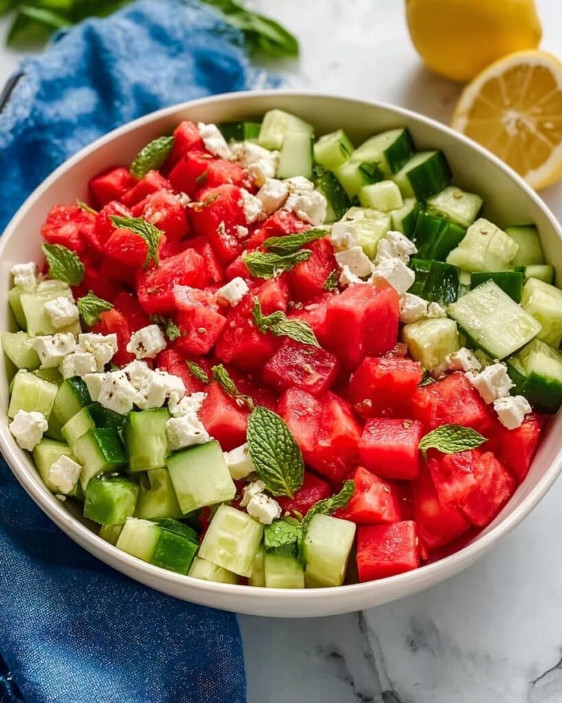 Watermelon Feta Salad with Fresh Herbs and Honey Lime Dressing Recipe
