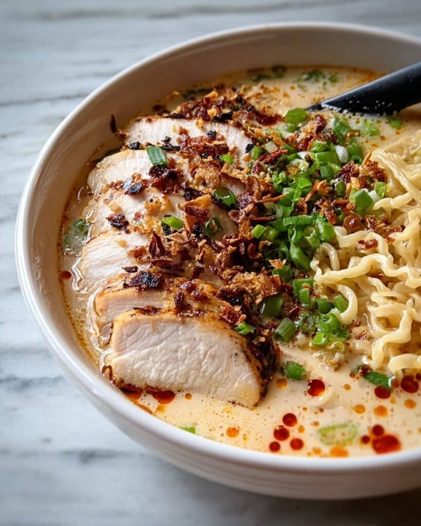 Fiery Chicken Ramen with Creamy Garlic Sauce Recipe