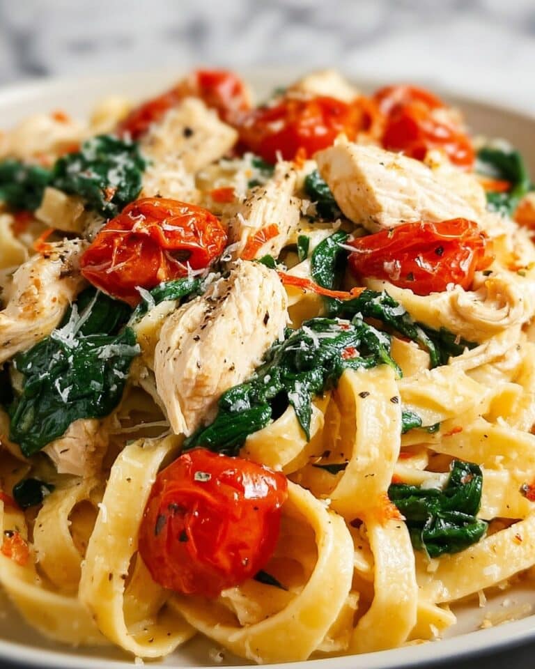 Creamy Garlic Tomato Chicken and Spinach Fettuccine Recipe
